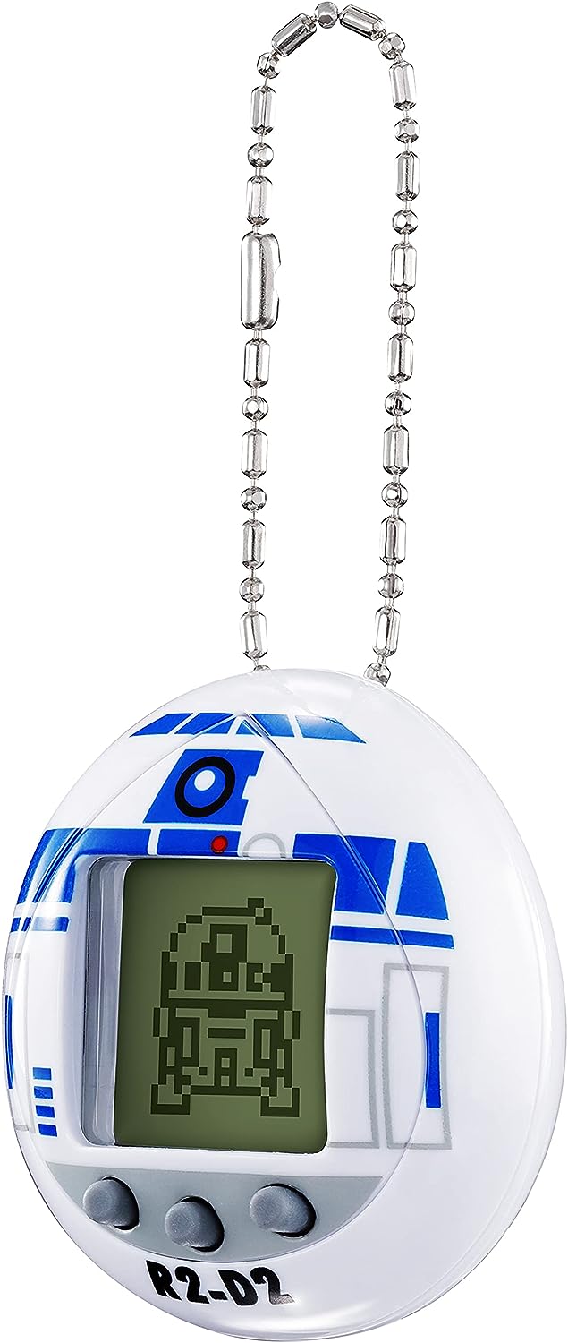 A Tamagotchi Nano x Star Wars - R2-D2 Hologram, featuring a pixelated R2-D2 on the LCD screen and three control buttons below.