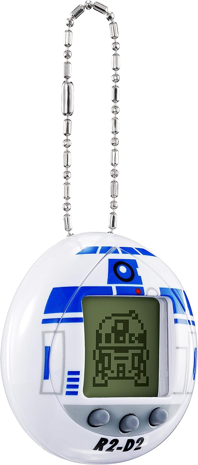 A Tamagotchi Nano x Star Wars - R2-D2 Hologram device designed to look like R2-D2 from Star Wars, featuring a pixelated image of the character on its screen and a chain for attachment.