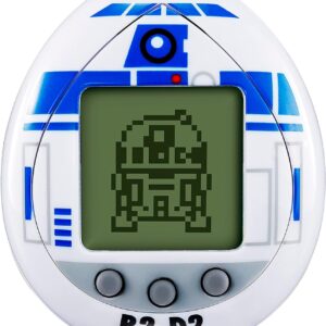 An electronic handheld game featuring a design resembling R2-D2 from Star Wars, with an LCD screen displaying a pixelated image of R2-D2 is the Tamagotchi Nano x Star Wars - R2-D2 Hologram.