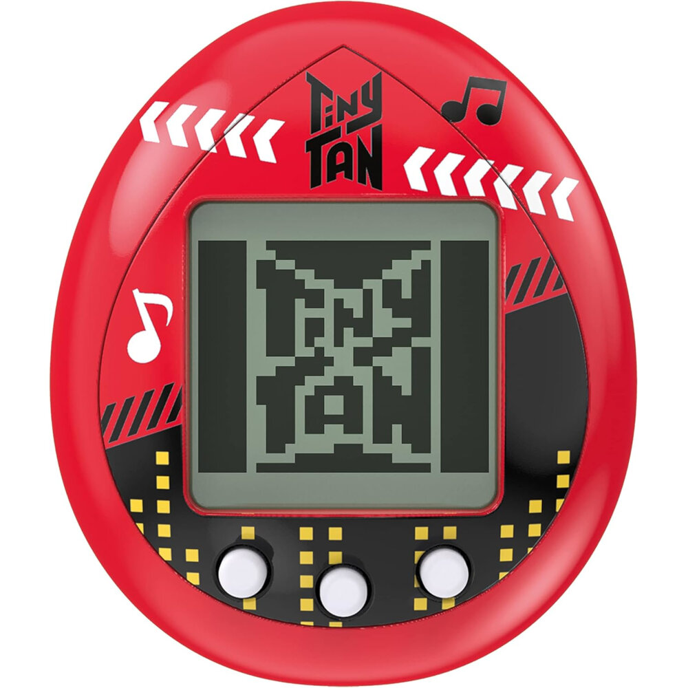 A red handheld electronic game device featuring a small screen with the text "Tiny Tan" and two musical notes on its outer case.