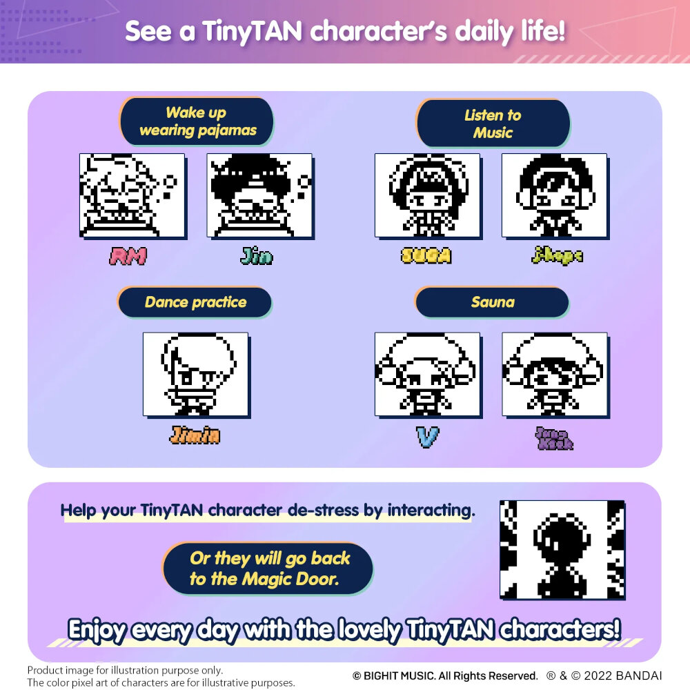 Illustration of TinyTAN characters' daily life activities including waking up, listening to music, and dance practice, with a reminder to interact with them to prevent them from returning to the Magic Door.