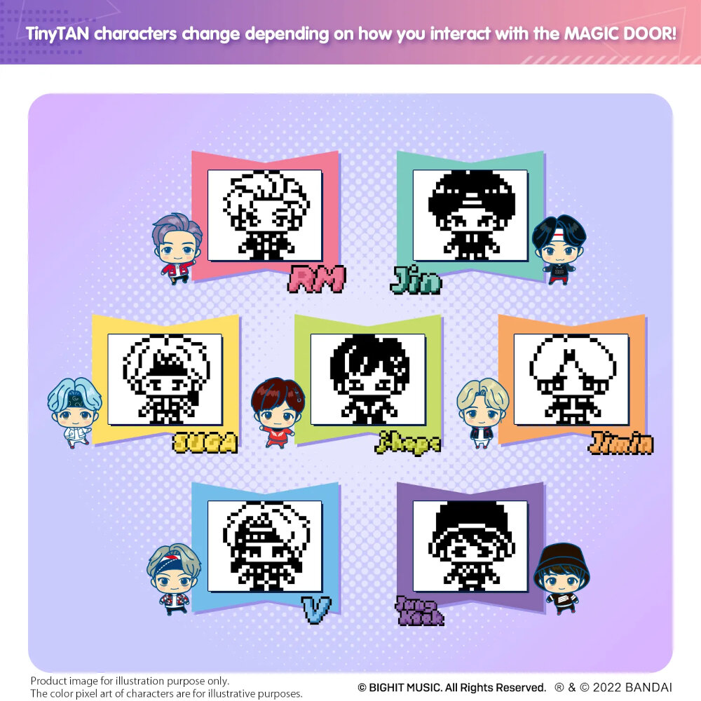 TinyTAN characters depicted in two styles: colored anime versions and pixelated forms, arranged in three rows. The characters are labeled: RM, Jin, SUGA, j-hope, Jimin, V, and Jung Kook.