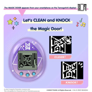 Image of a Tamagotchi display with text instructing to clean and knock on a "Magic Door" from a smartphone. The display shows pixel art graphics labeled "CLEAN!" and "KNOCK!".