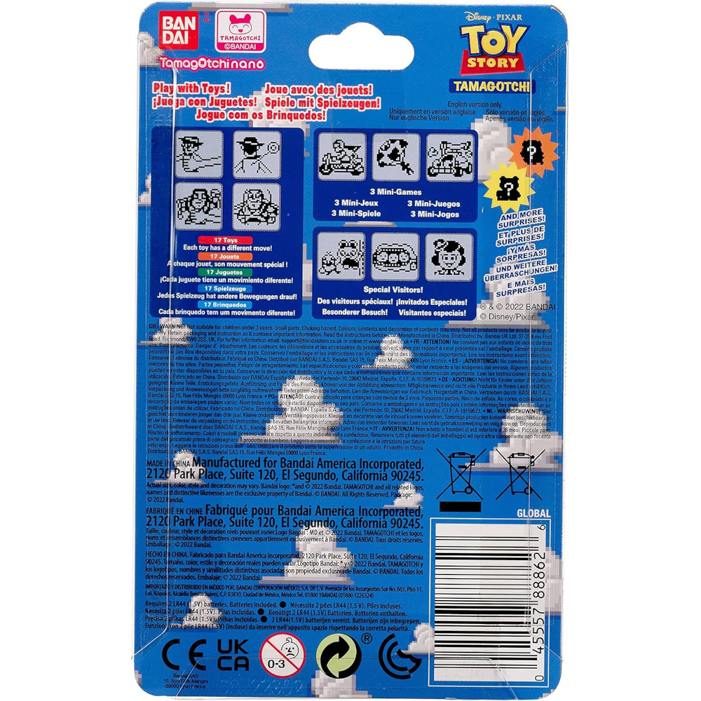 Back of Tamagotchi Nano x Toy Story - Friends packaging with text in multiple languages detailing features such as mini-games, a special visitor, and Tamagotchi care instructions. Bandai America Incorporated contact info.