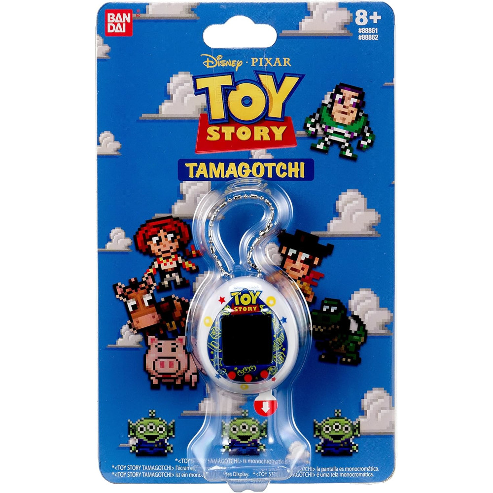 A Tamagotchi Nano x Toy Story - Friends toy features Disney Pixar's Toy Story characters in original packaging. The package displays pixelated images of Woody, Buzz Lightyear, Jessie, Hamm, and aliens. Suitable for ages 8 and up.