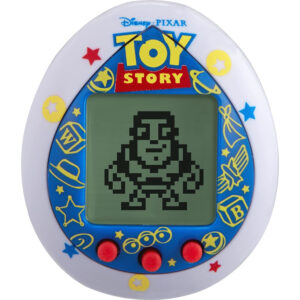 A Tamagotchi Nano x Toy Story - Friends, a white, egg-shaped handheld electronic game, features a pixelated character on the screen and includes themed buttons and icons inspired by Disney-Pixar's Toy Story.