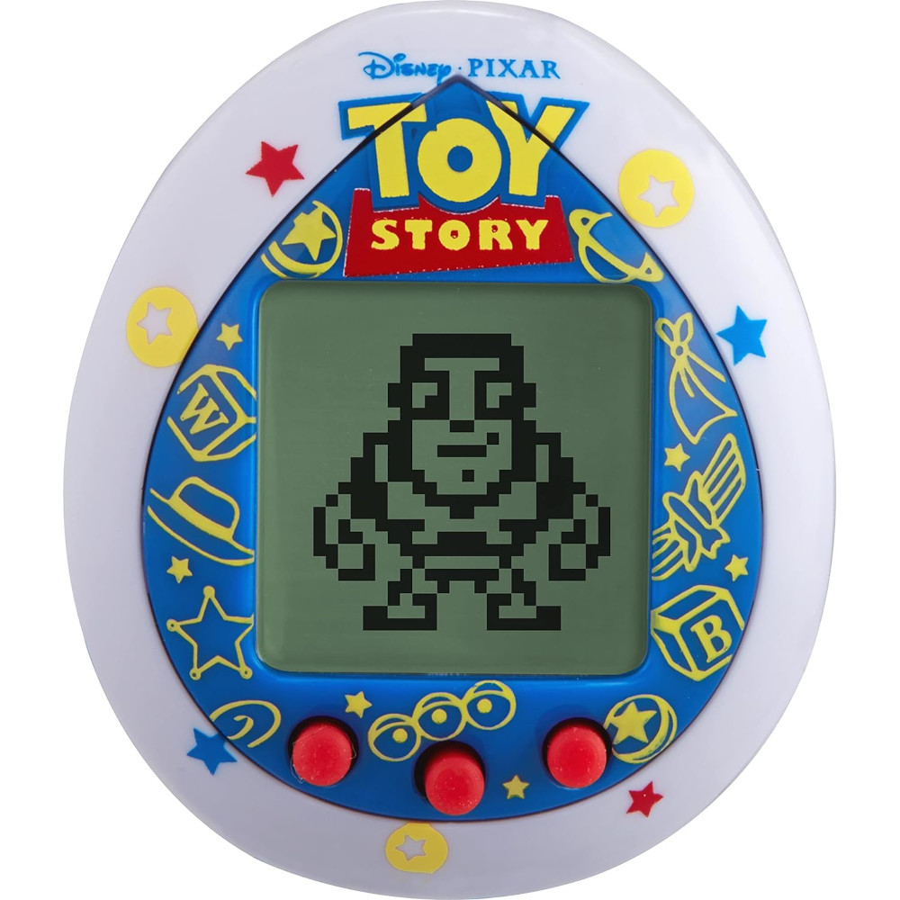 A Tamagotchi Nano x Toy Story - Friends, a white, egg-shaped handheld electronic game, features a pixelated character on the screen and includes themed buttons and icons inspired by Disney-Pixar's Toy Story.