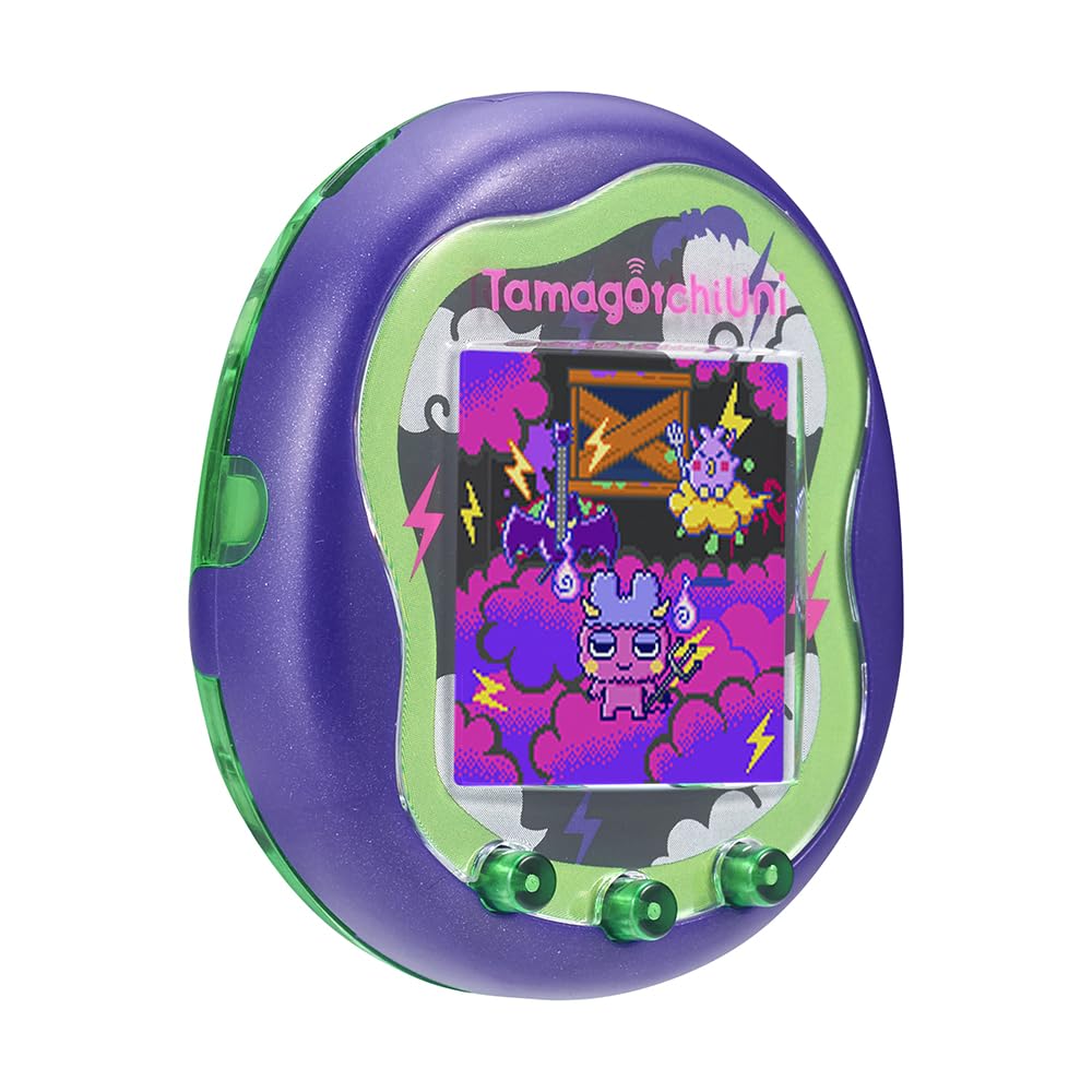 A Tamagotchi Uni virtual pet device with a green and purple casing. The screen displays a colorful pixelated character scene. Two green buttons are visible at the bottom of the device.