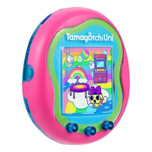 The Tamagotchi Uni is a pink digital pet device featuring a color screen that displays a virtual pet and a vibrant background. It includes three blue buttons for user interaction.