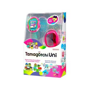 Image of a packaged Tamagotchi Uni in Pink Rose. The packaging showcases the digital pet device and various cartoon characters, with text detailing its features in multiple languages. Recommended for ages 6 and up.