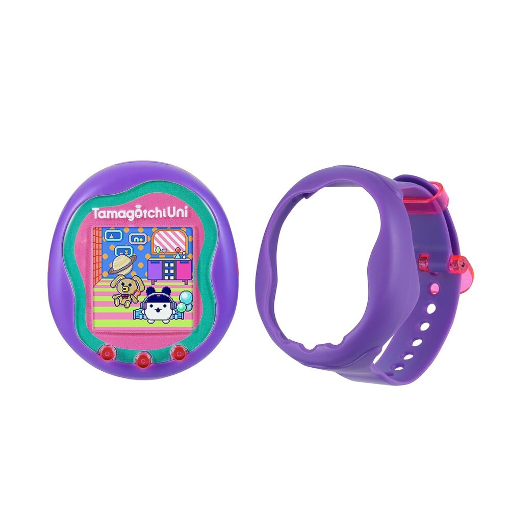 A purple Tamagotchi Uni device with a colorful screen displaying characters, alongside a matching purple wristband.