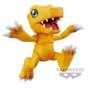 A yellow, dinosaur-like toy with sharp claws and an open mouth displaying pointy teeth, shown in a dynamic pose. The figure has large green eyes and is branded with the Banpresto logo.