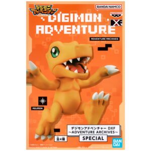 Box cover of a Digimon Adventure DXF Adventure Archives Special figure featuring Agumon. The box includes branding from Bandai Namco and Banpresto, part of the Digimon Adventure DXF Adventure Archives Special A Agumon B Gabumon C Tailmon D Patamon Banpresto series.