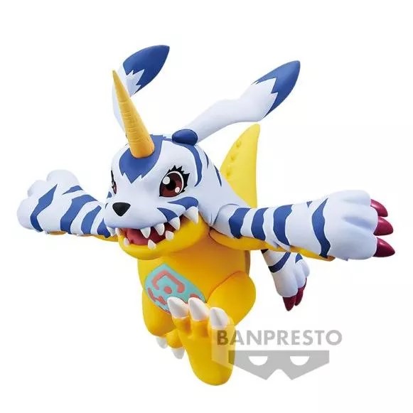 A colorful, flying creature with a yellow body, blue and white stripes, a single horn on its head, and clawed hands, depicted in mid-air. The image features the Banpresto logo at the bottom.