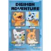 Promotional poster for "Digimon Adventure" featuring four Digimon characters: Agumon, Gabumon, Tailmon, and Patamon, displayed in individual framed sections on a blue background.