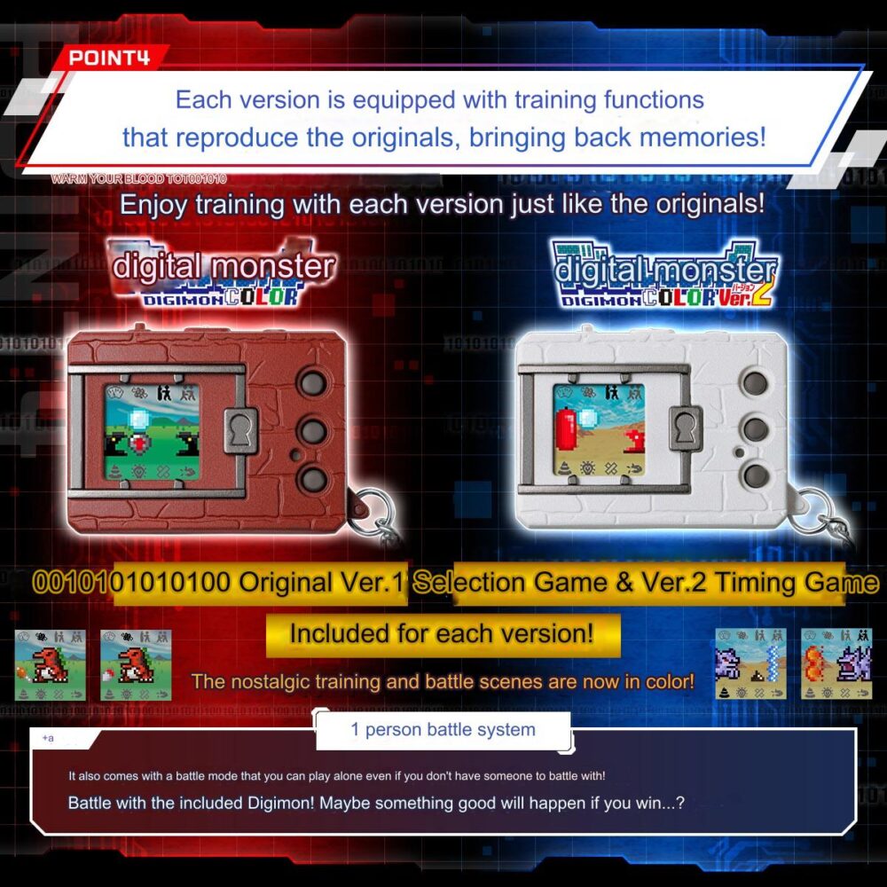 Image featuring two versions of Bandai Digimon Color Digivice Vpet Virtual Pet for the 25th Anniversary: Original Ver.1 (red) and Ver.2 (white). Each version includes training functions and battle scenes.