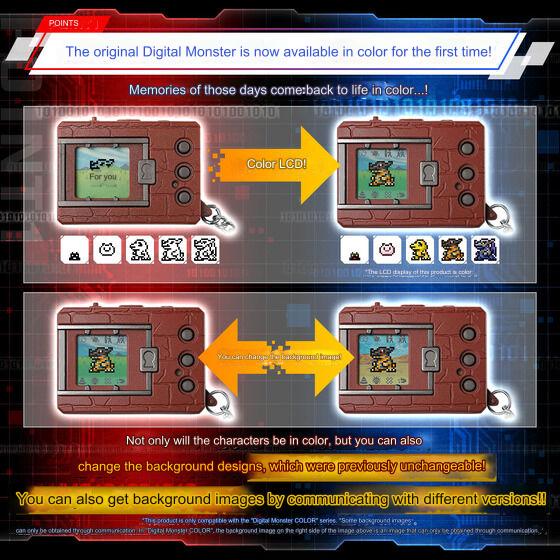 Image featuring the Bandai Digimon Color Digivice Vpet Virtual Pet V1 V2 ver 1 2 Color 25th Anniversary Japan JP Version, showcasing a red digital pet device with a color LCD screen. The display emphasizes the ability to change character and background images, heralding the return of the Digital Monster in vibrant color.