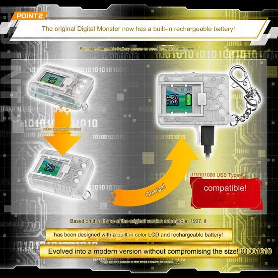 The Bandai Digimon Color Digivice Vpet Virtual Pet V1 V2 ver 1 2 Color, celebrating its 25th Anniversary with the Japan JP Version, features a built-in rechargeable battery and a vibrant color LCD. It also boasts arrows and text emphasizing its USB Type-C compatibility and an evolved design that doesn’t compromise on size.