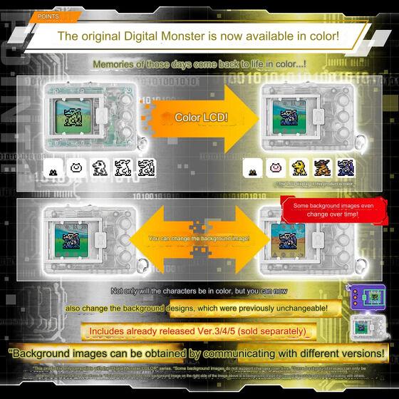 Promotional graphic for the Bandai Digimon Color Digivice Vpet Virtual Pet V1 V2 ver 1 2 Color 25th Anniversary Japan JP Version featuring a color LCD and changeable background images. Includes previously released Ver. 3/4/5 (sold separately).