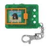 A green digital pet device with an orange frame features a pixelated character on its screen. A silver keychain is attached to its side.