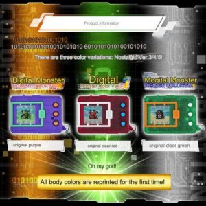 Image showcasing three digital monster devices in different original colors: purple, clear red, and clear green, with hexadecimal numbers and text highlighting the color reprints for the first time.