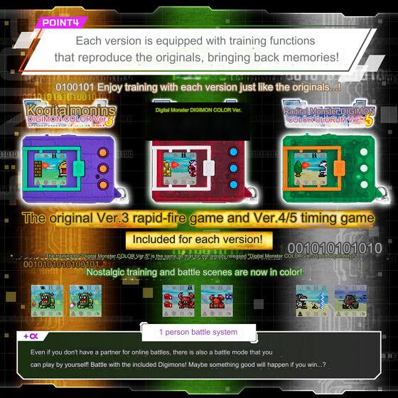 A promotional image of a video game showing a digital monster training device with various versions. Features include training functions, battle systems, and nostalgic gameplay scenes in color.