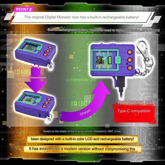 Digital Monster device with built-in rechargeable battery, color LCD, and USB Type-C compatibility, showcasing its evolution from its 1997 version.