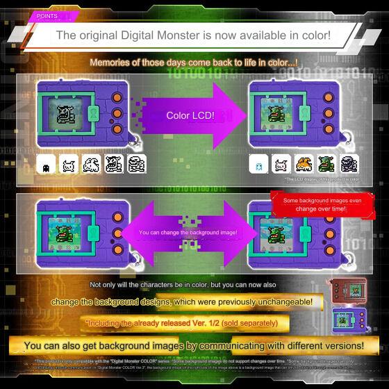 Image showing an ad for a color version of a digital monster device with a purple and green design. The device displays various characters, background images, and highlights the feature of color LCD.