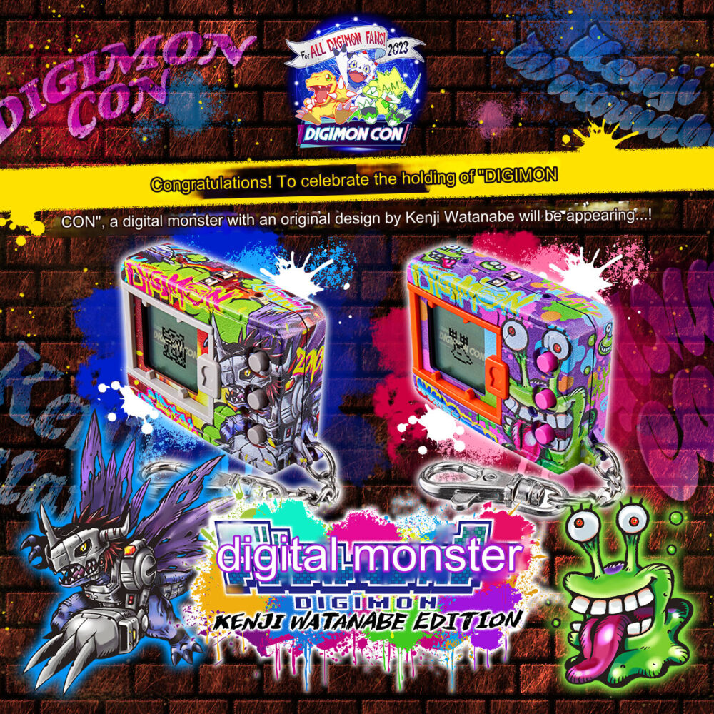 Vibrant promotional image for the Bandai Digimon Digivice Kenji Watanabe Metal Greymon Numemon Vpet 20th Virtual Pet Monster, showcasing two colorfully designed devices with lively cartoon characters in the background.