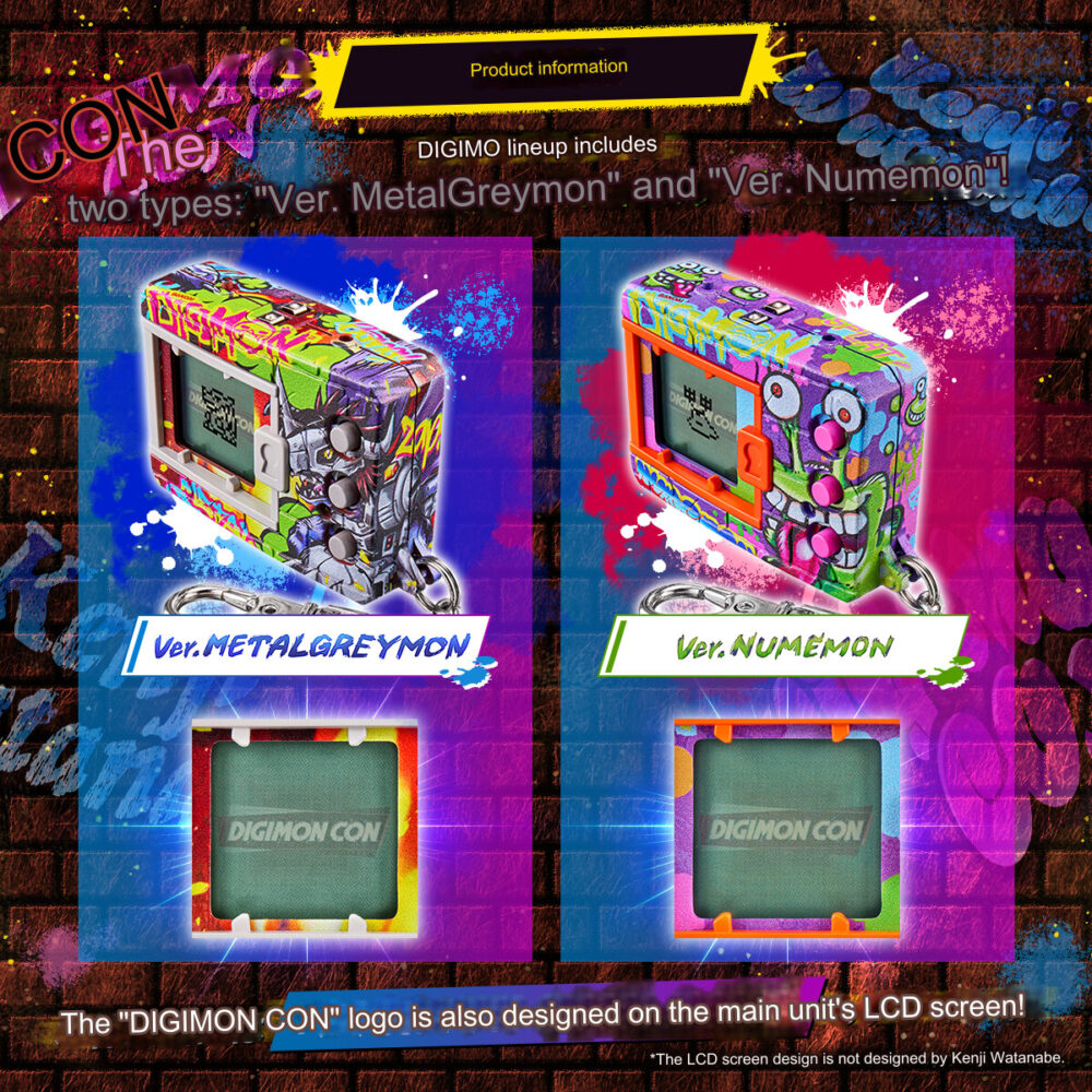 Image showing two Bandai Digimon Digivice Kenji Watanabe Vpet 20th Virtual Pet Monster devices with unique designs: "Ver. METALGREYMON" featuring a robotic motif and "Ver. NUMEMON" with a graffiti theme. The devices' screens display the "DIGIMON CON" logo.