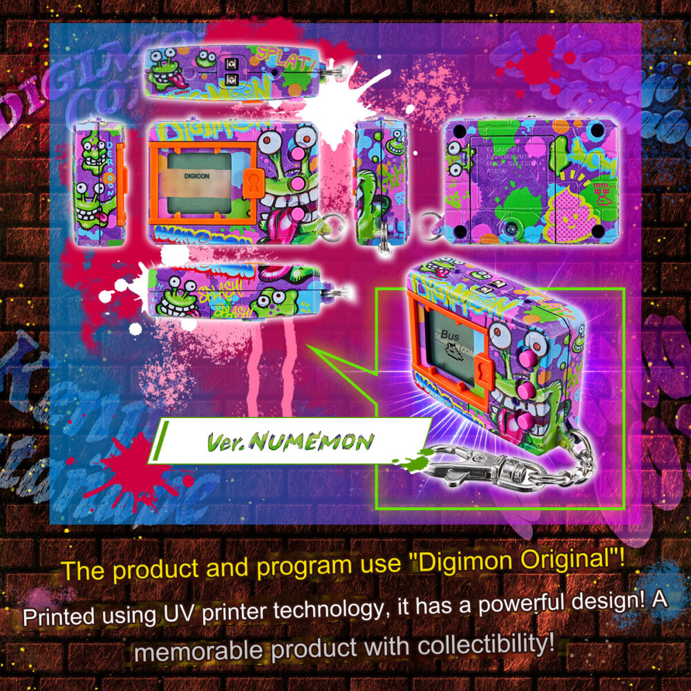 Image of a vibrant Bandai Digimon Digivice Kenji Watanabe digital device with graffiti-like designs and the text "Ver. NUMÉMON" below it. The background features a neon, brick-wall pattern.