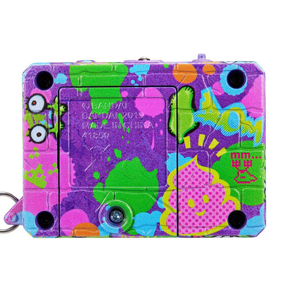 A colorful retro handheld device with a vibrant, graffiti-like design on the back, featuring cartoonish graphics and patterns in various shades of purple, green, orange, and pink.