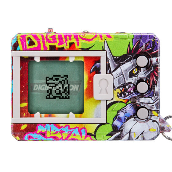 A colorful electronic device featuring a screen with a QR code and graffiti-style artwork of a robot monster. The device has several buttons and a keychain attachment.