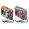 Two digital pet devices with colorful graffiti-style designs, each featuring a small screen and keypad, attached to metal keychains.