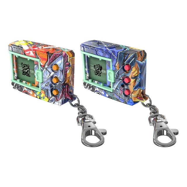 Two colorful digital pet keychains with small screens and buttons, featuring various designs and metal keychain attachments.