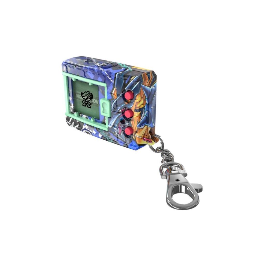 A digital keychain toy with a screen and three buttons, featuring a colorful design and attached to a metal clip.