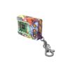 A colorful digital keychain virtual pet device with a small screen and buttons, featuring a metal clip for attaching to bags or keys.