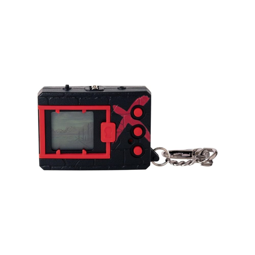 A red and black lcd camera with a keychain.