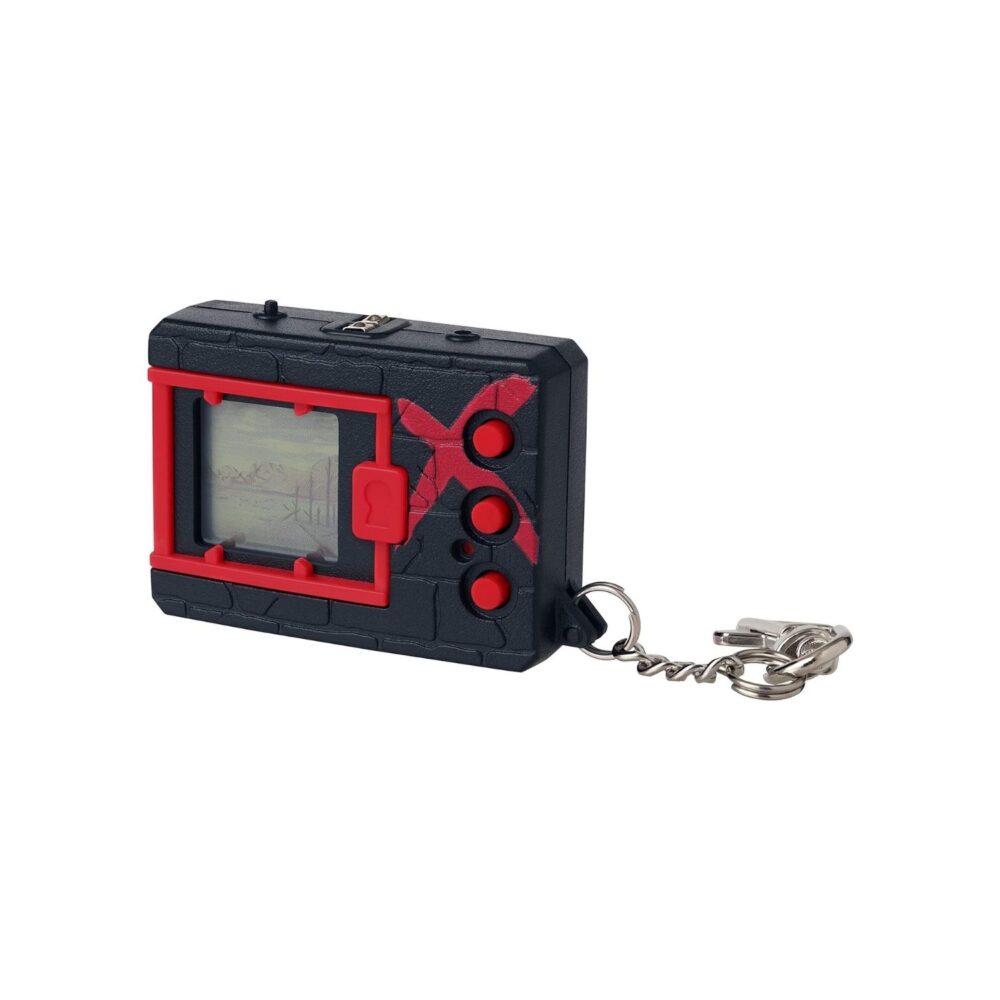 A red and black key chain with a lcd screen.