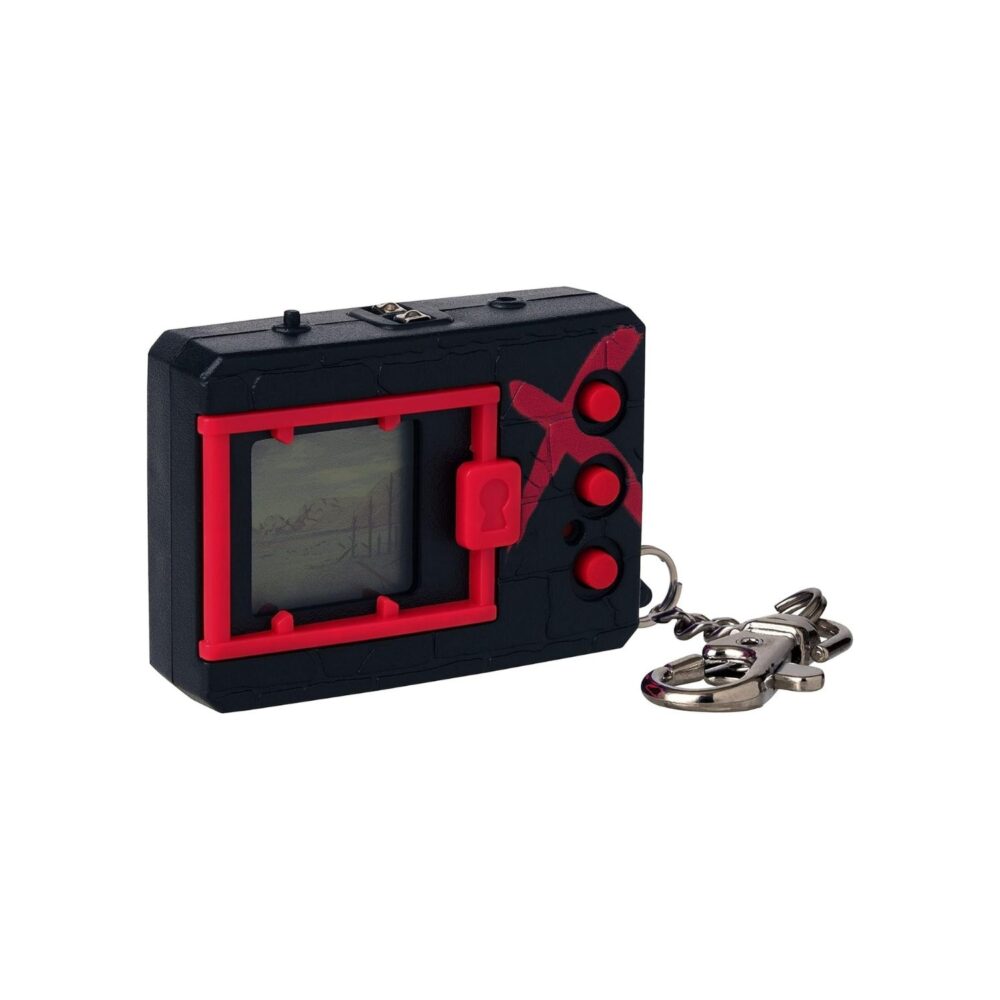 A small black and red keychain with a lcd screen.