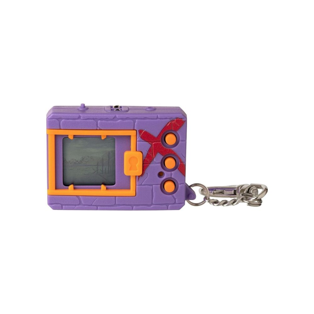 A purple and orange toy with a key chain.