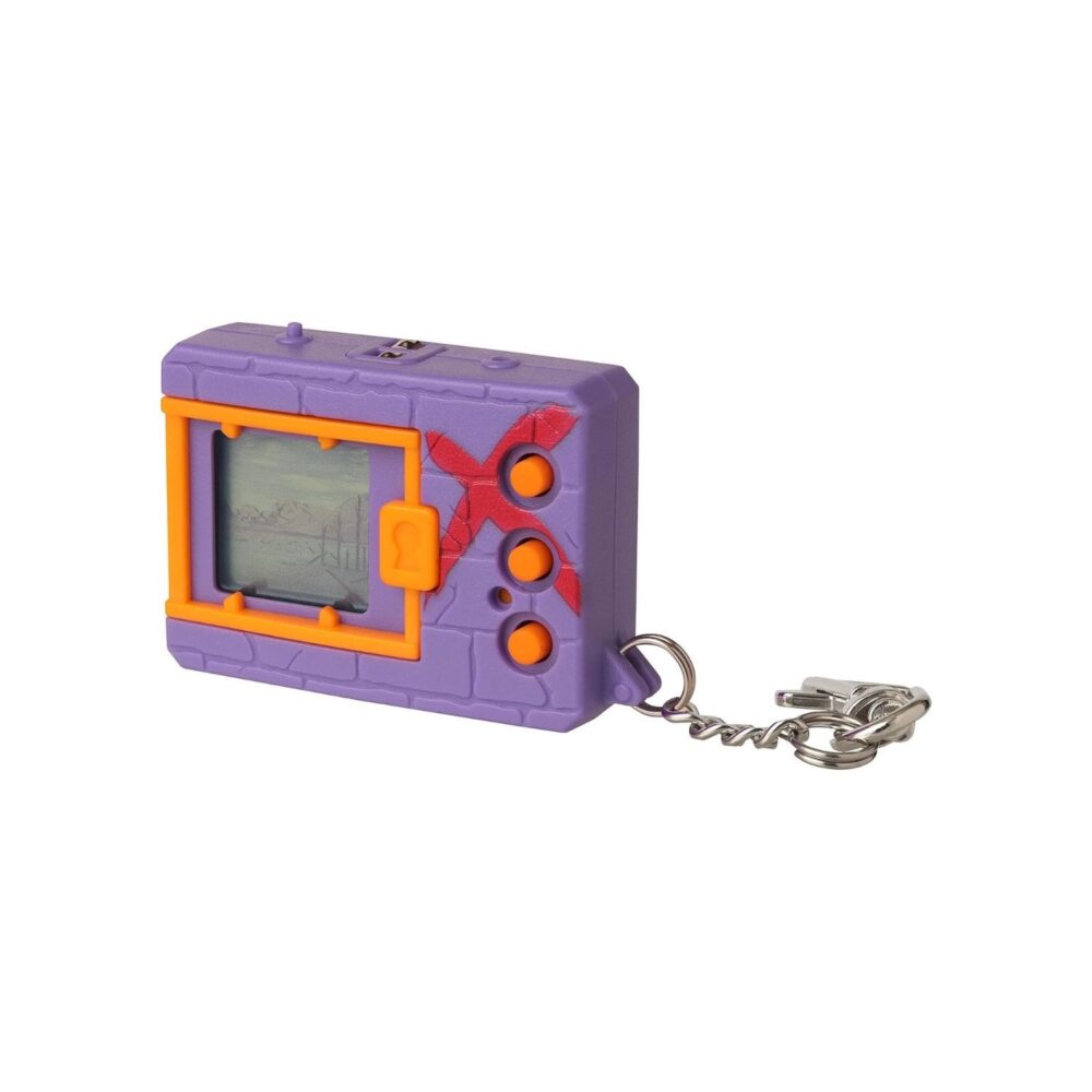 A purple and orange electronic toy with a keychain.