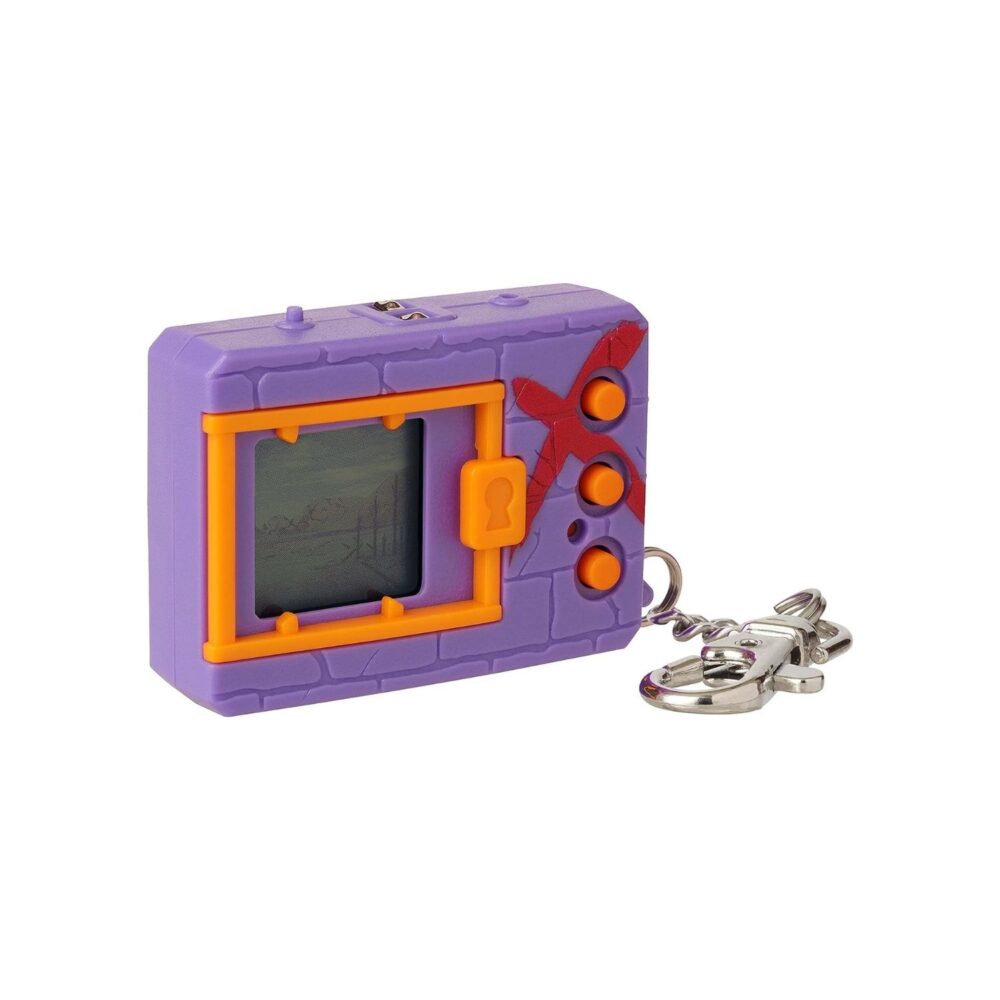 A purple and orange toy with a keychain.