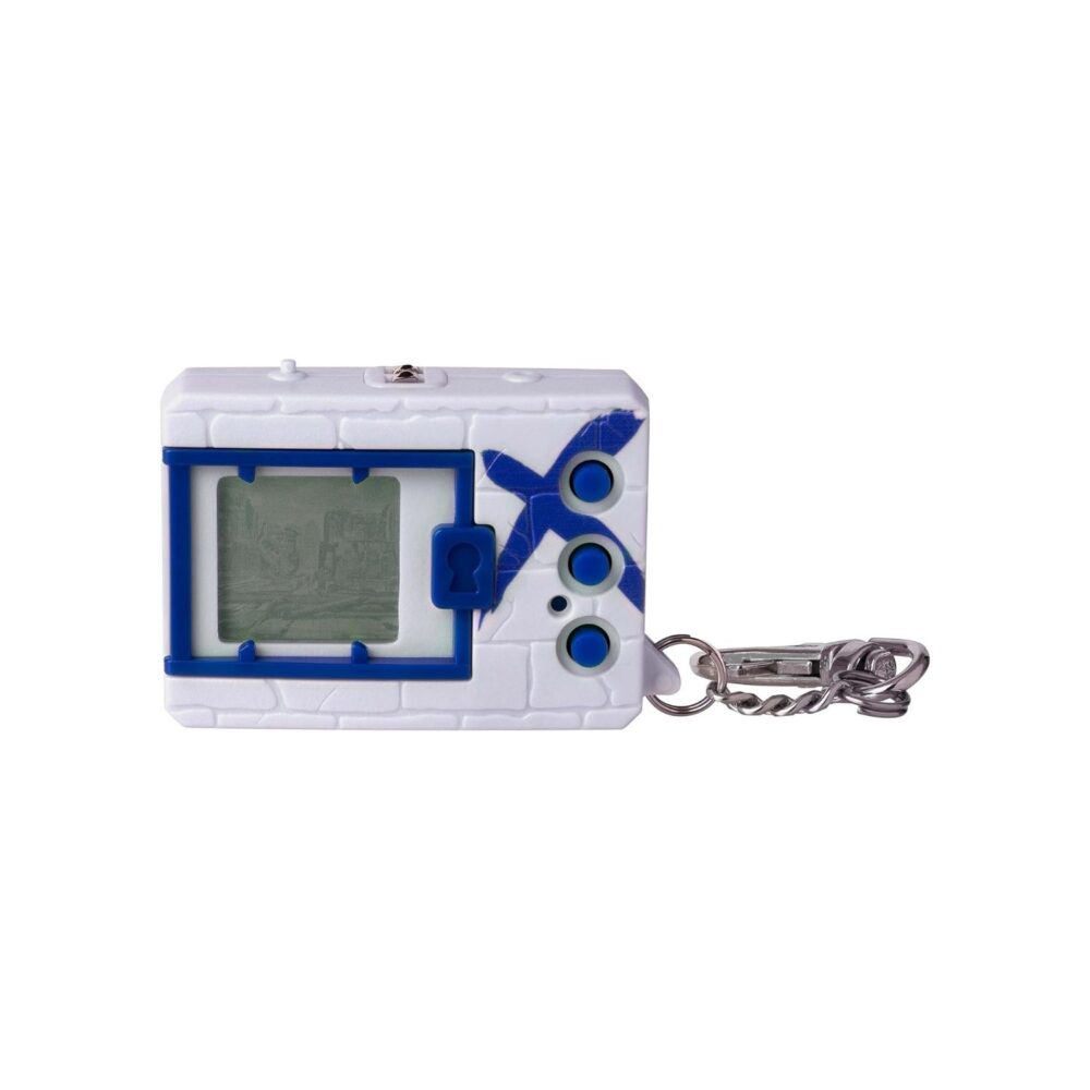 A white and blue electronic keychain with a blue screen.