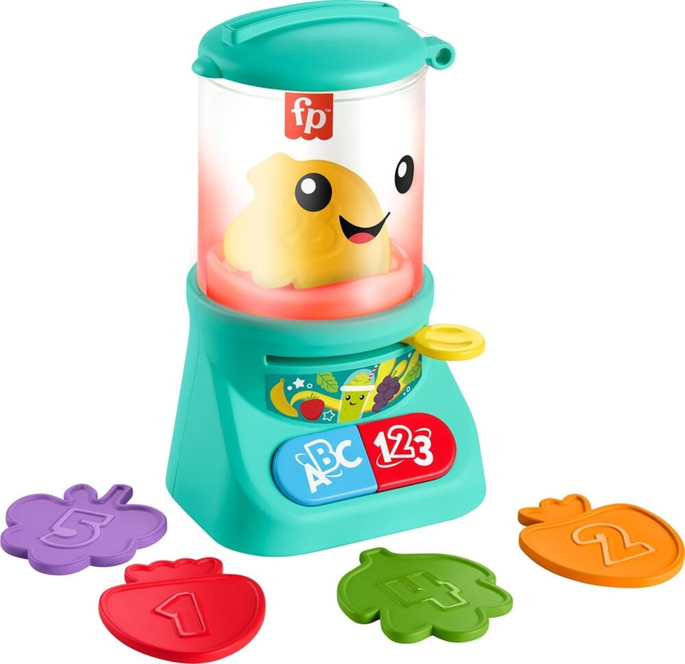 The Fisher-Price Laugh & Learn Baby & Toddler Toy Counting & Colors features a fish character inside, with colorful shape pieces around it numbered 1 through 4. It has buttons labeled "ABC" and "123" and a green base.