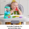 A baby sits in a high chair, playing with a colorful toy set. The Fisher-Price Laugh & Learn Baby & Toddler Toy Counting & Colors features a smiling container and various shapes. Text at the bottom reads, "Includes 5 pieces for put-and-take play.”