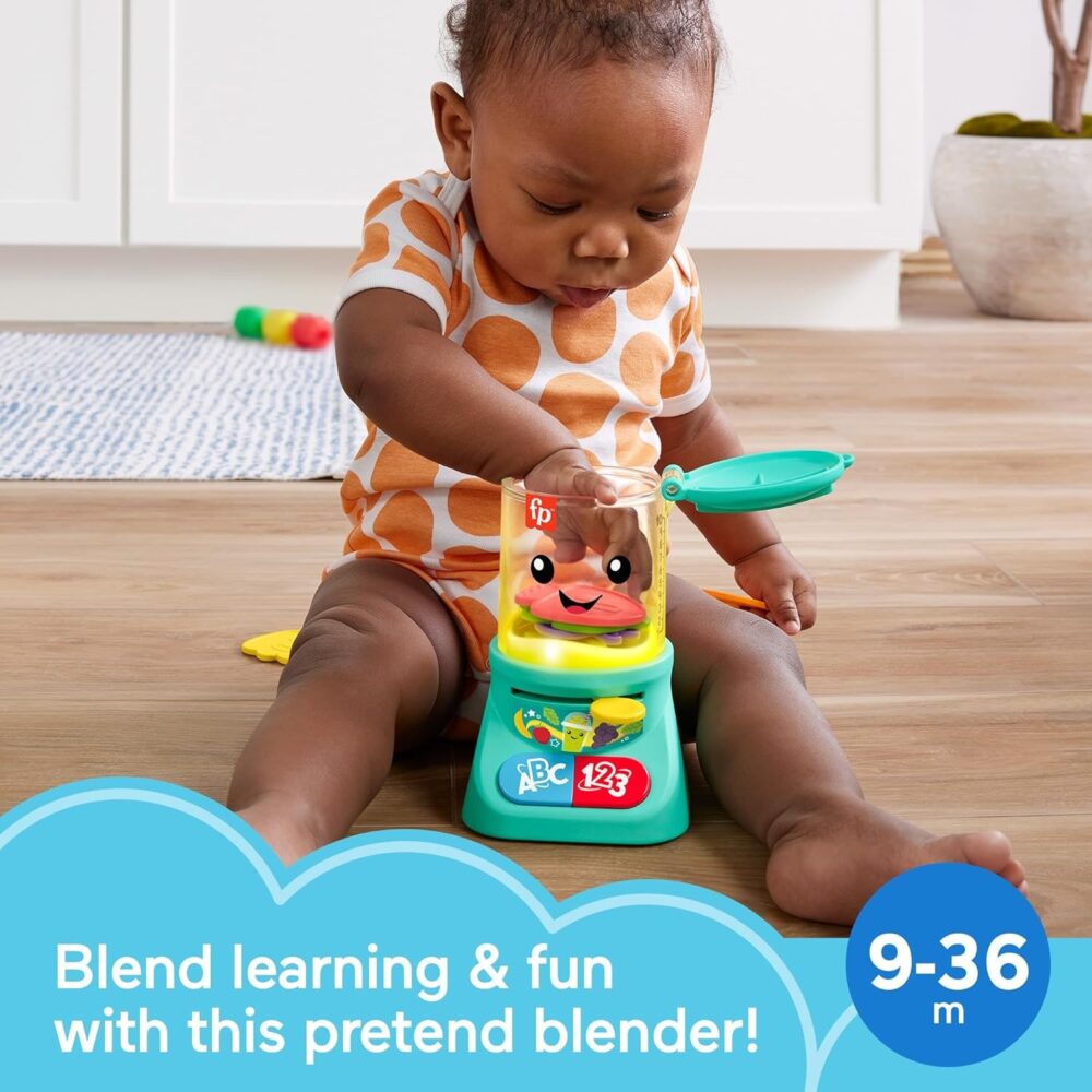 A baby sits on the floor playing with a colorful Fisher-Price Laugh & Learn Baby & Toddler Toy Counting & Colors. Text on the image reads, "Blend learning & fun with this pretend blender! 9-36m".