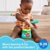 A baby sits on the floor playing with a colorful Fisher-Price Laugh & Learn Baby & Toddler Toy Counting & Colors. Text on the image reads, "Blend learning & fun with this pretend blender! 9-36m".