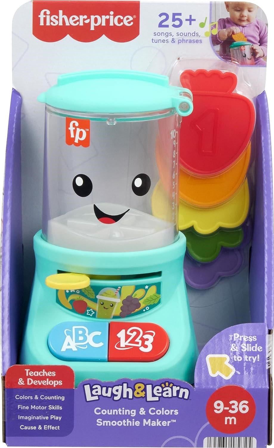 A Fisher-Price Laugh & Learn Baby & Toddler Toy Counting & Colors toy for ages 9-36 months. The toy features counting and color activities with songs, sounds, and phrases, and includes colorful shape blocks.