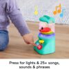 A child presses a button on the Fisher-Price Laugh & Learn Baby & Toddler Toy Counting & Colors to activate lights and sounds. The toy features colorful music notes and a red fish inside. Text at the bottom reads, "Press for lights & 25+ songs, sounds & phrases.